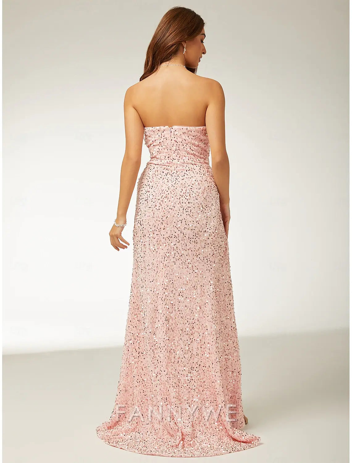 FannyWe Simple Beach Wedding Pink Sheath Sequin Prom Dresses Elegant Dress Formal Prom Floor Length Sleeveless Strapless Masquerade Dress