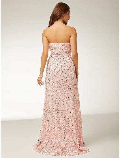 FannyWe Simple Beach Wedding Pink Sheath Sequin Prom Dresses Elegant Dress Formal Prom Floor Length Sleeveless Strapless Masquerade Dress