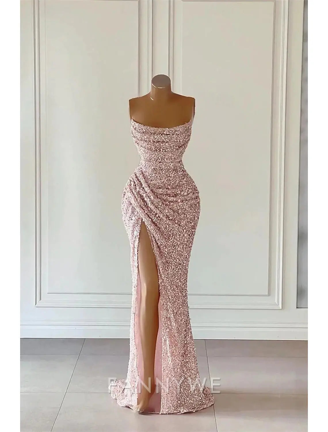 FannyWe Simple Beach Wedding Pink Sheath Sequin Prom Dresses Elegant Dress Formal Prom Floor Length Sleeveless Strapless Masquerade Dress