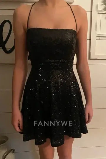 FannyWe Simple Black A-Line Empire-Waist Sequined Scoop Sleeveless Short Homecoming Dress formal wear dresses