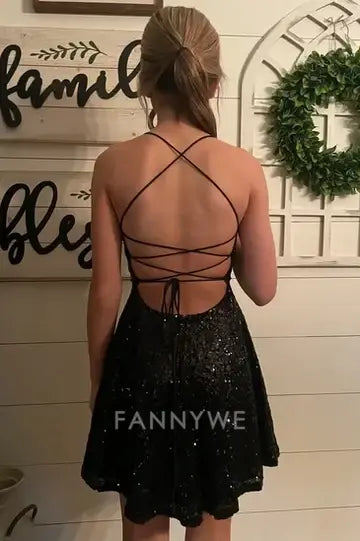 FannyWe Simple Black A-Line Empire-Waist Sequined Scoop Sleeveless Short Homecoming Dress formal wear dresses