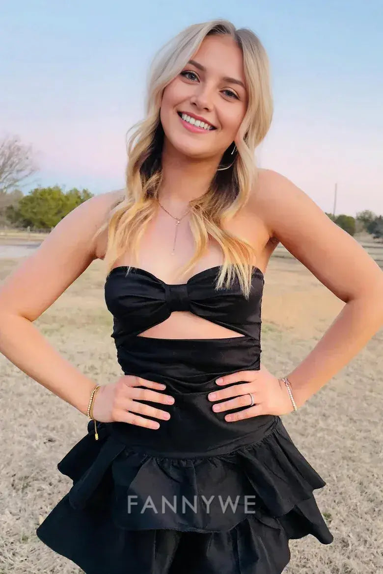 FannyWe Simple Black A-Line Strapless Keyhole Ruffles Satin Sleeveless Homecoming Dress formal wear dresses