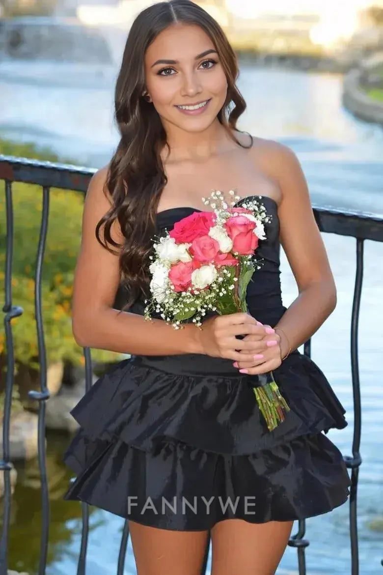 FannyWe Simple Black A-Line Strapless Keyhole Ruffles Satin Sleeveless Homecoming Dress formal wear dresses