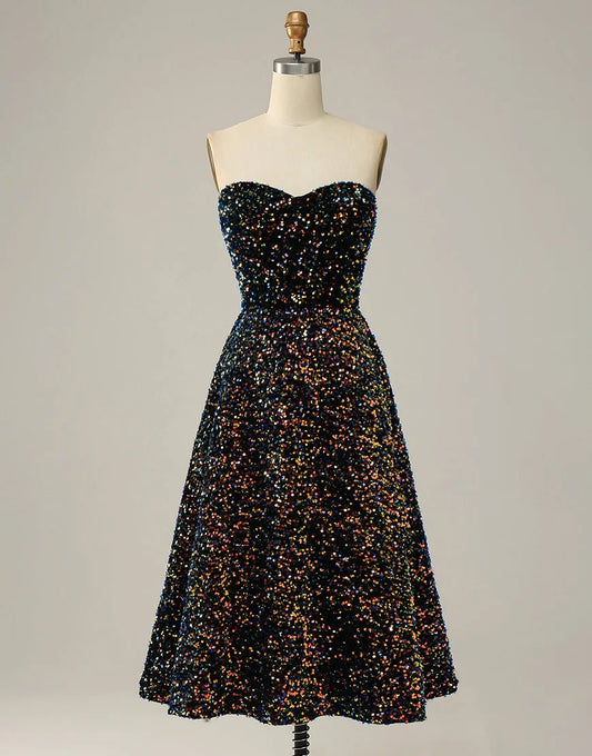 A-Line Tea Length Strapless Glitter Sequin Party Dress