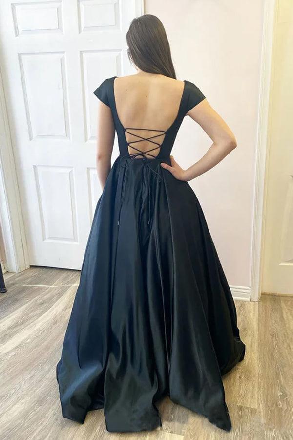 A Line Satin Open Black Cap Sleeves Long Prom Dresses