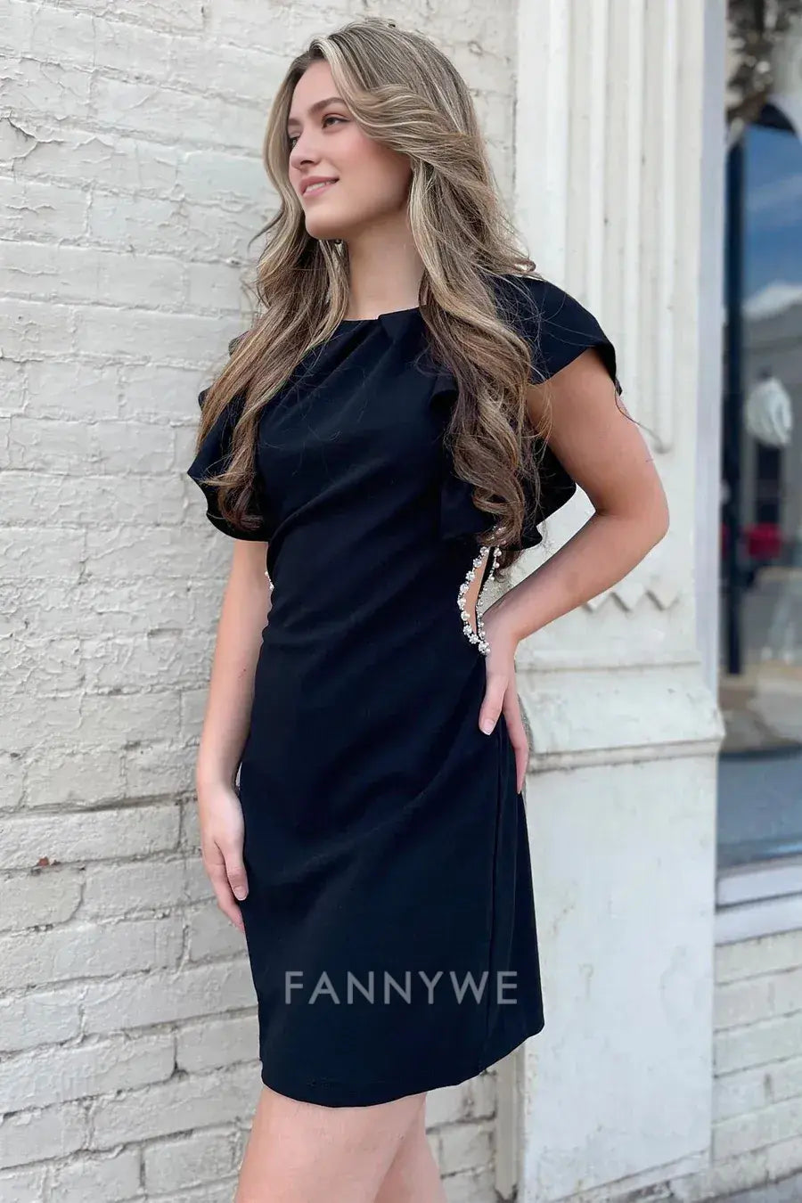 FannyWe Simple Black Cutout Short Party Dress with Pearls formal wear dresses