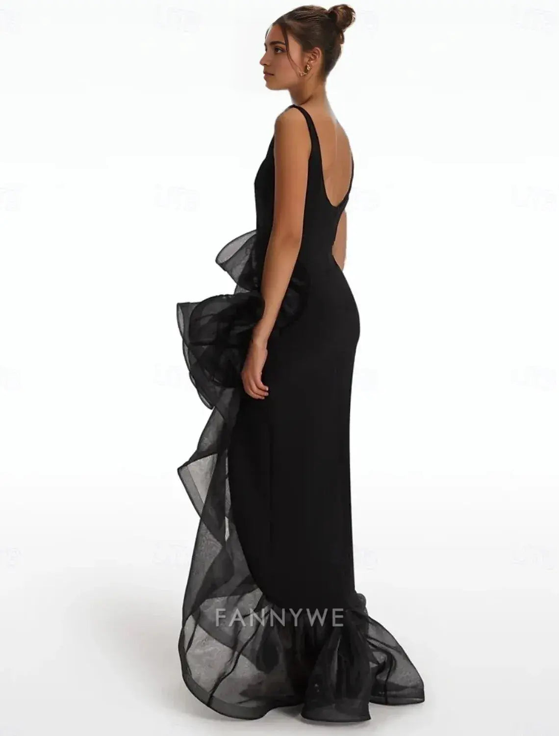 FannyWe Simple Black Gown A-Line Prom Dresses Elegant Formal Wedding Floor Length Sleeveless Square Neck Satin with Ruffles Slit Shouder Flower
