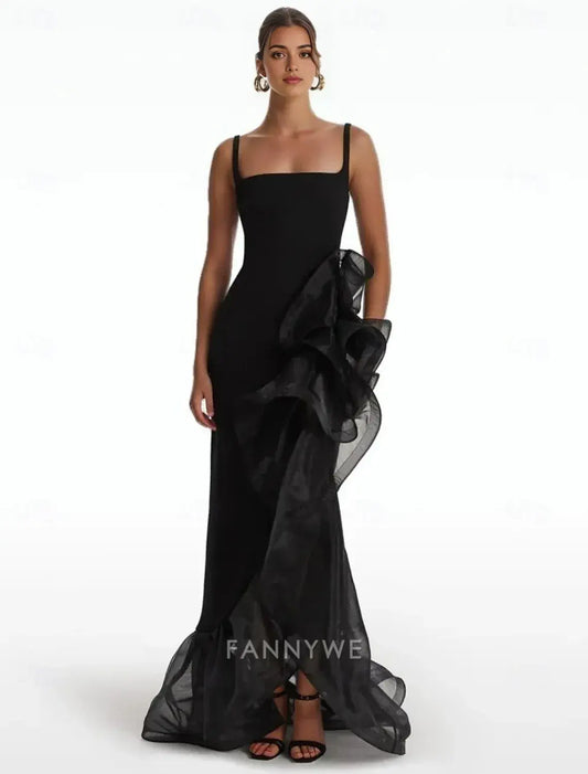 FannyWe Simple Black Gown A-Line Prom Dresses Elegant Formal Wedding Floor Length Sleeveless Square Neck Satin with Ruffles Slit Shouder Flower