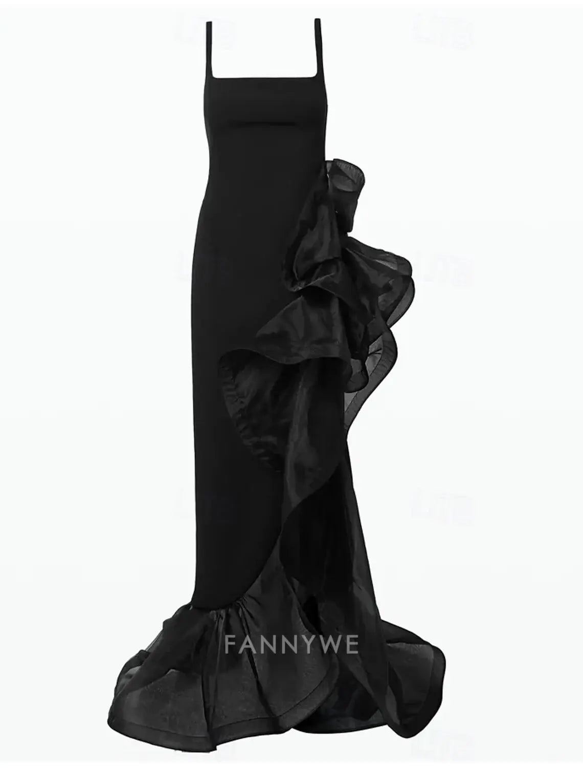 FannyWe Simple Black Gown A-Line Prom Dresses Elegant Formal Wedding Floor Length Sleeveless Square Neck Satin with Ruffles Slit Shouder Flower