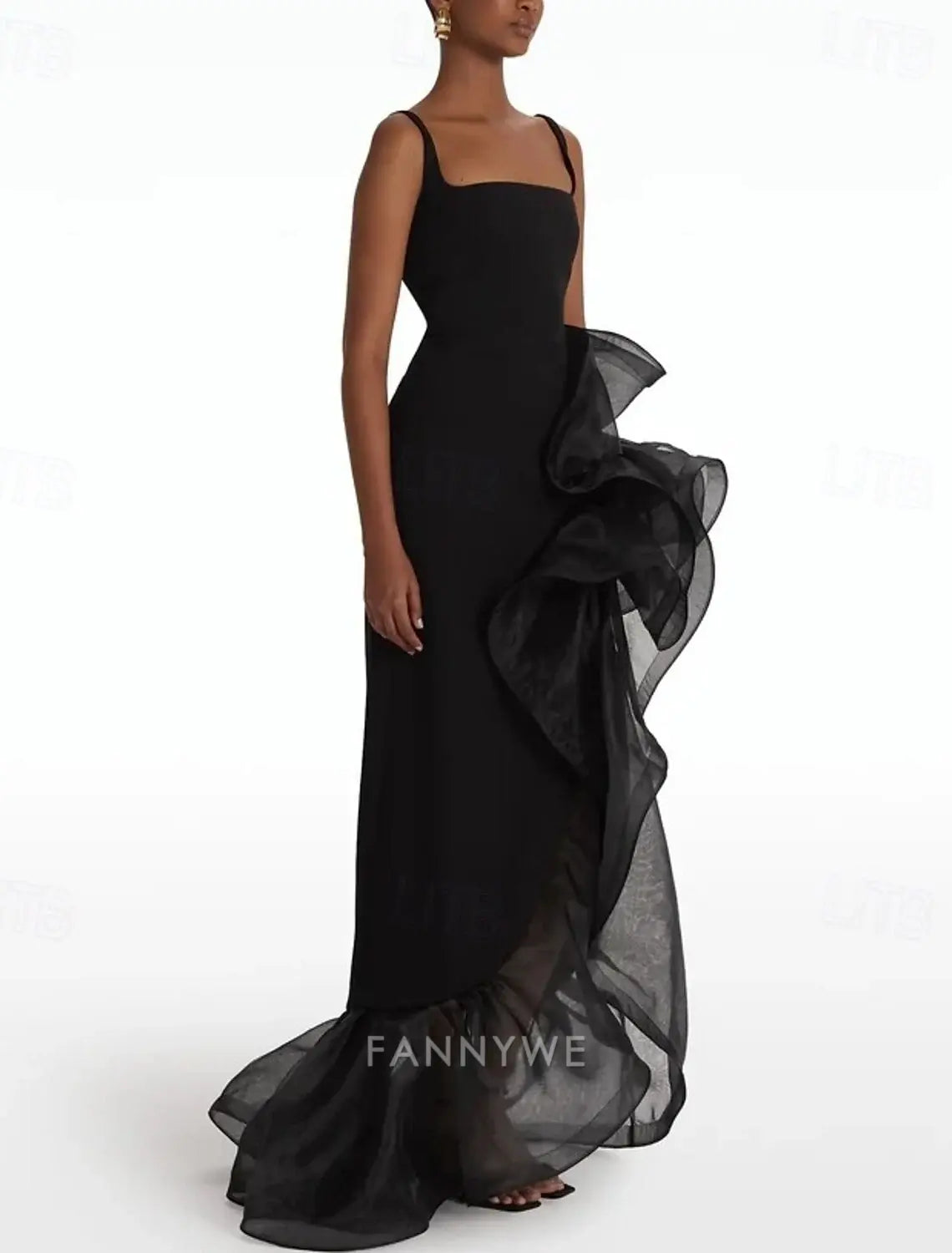 FannyWe Simple Black Gown A-Line Prom Dresses Elegant Formal Wedding Floor Length Sleeveless Square Neck Satin with Ruffles Slit Shouder Flower