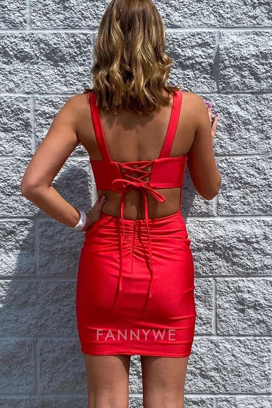 FannyWe Simple Red Lace-Up Tight Mini Homecoming Dress formal wear dresses