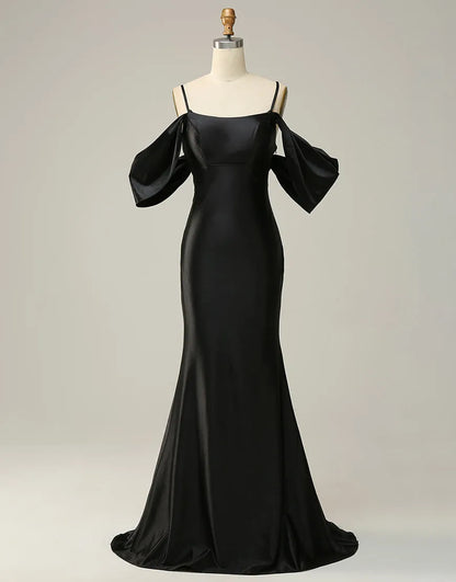 A-line Off The Shoulder Criss-Cross Back Long Satin Prom Dress