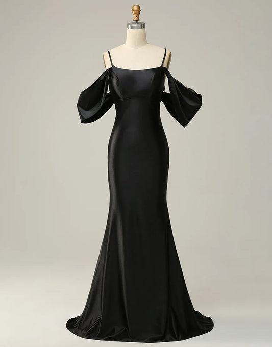 A-line Off The Shoulder Criss-Cross Back Long Satin Prom Dress