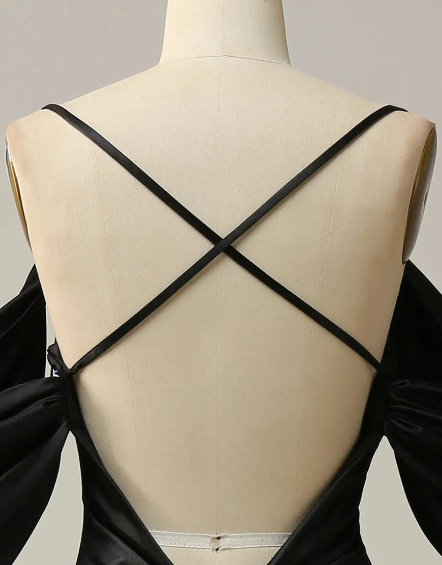 A-line Off The Shoulder Criss-Cross Back Long Satin Prom Dress