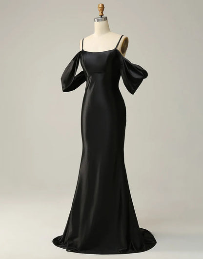 A-line Off The Shoulder Criss-Cross Back Long Satin Prom Dress