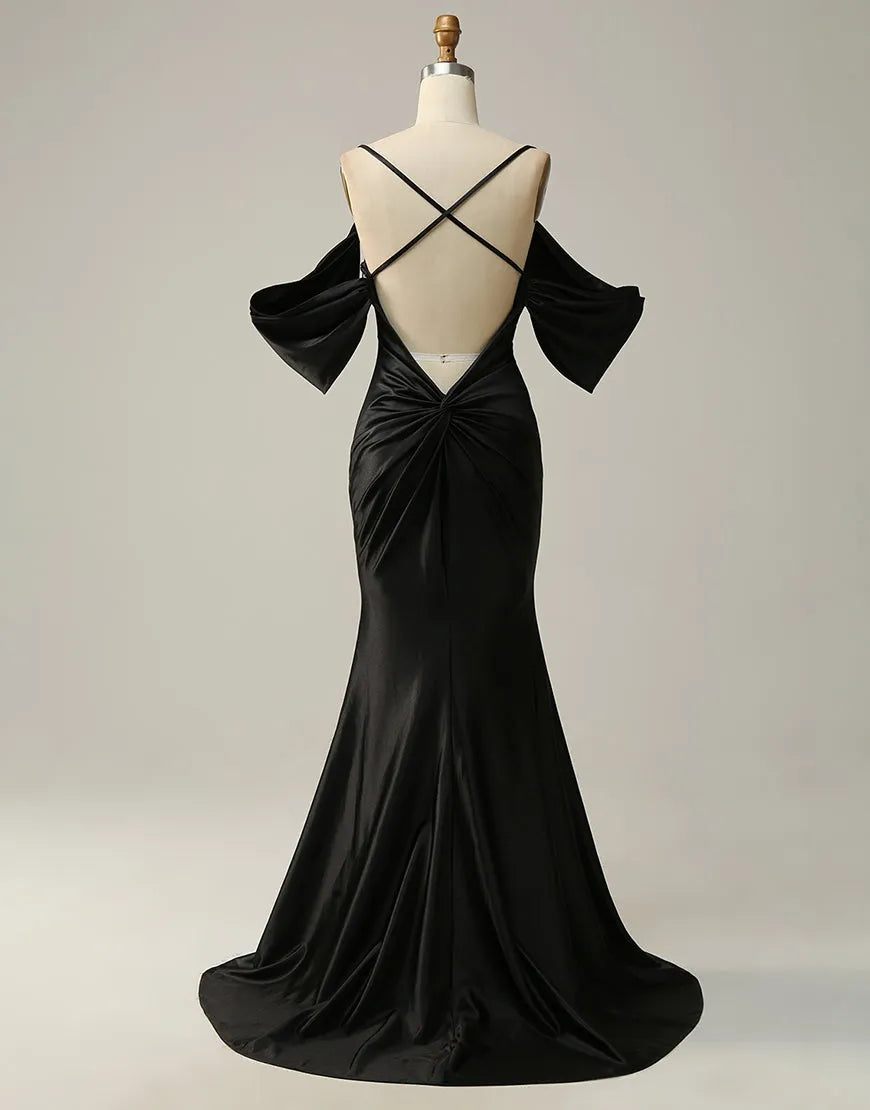 A-line Off The Shoulder Criss-Cross Back Long Satin Prom Dress
