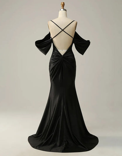A-line Off The Shoulder Criss-Cross Back Long Satin Prom Dress