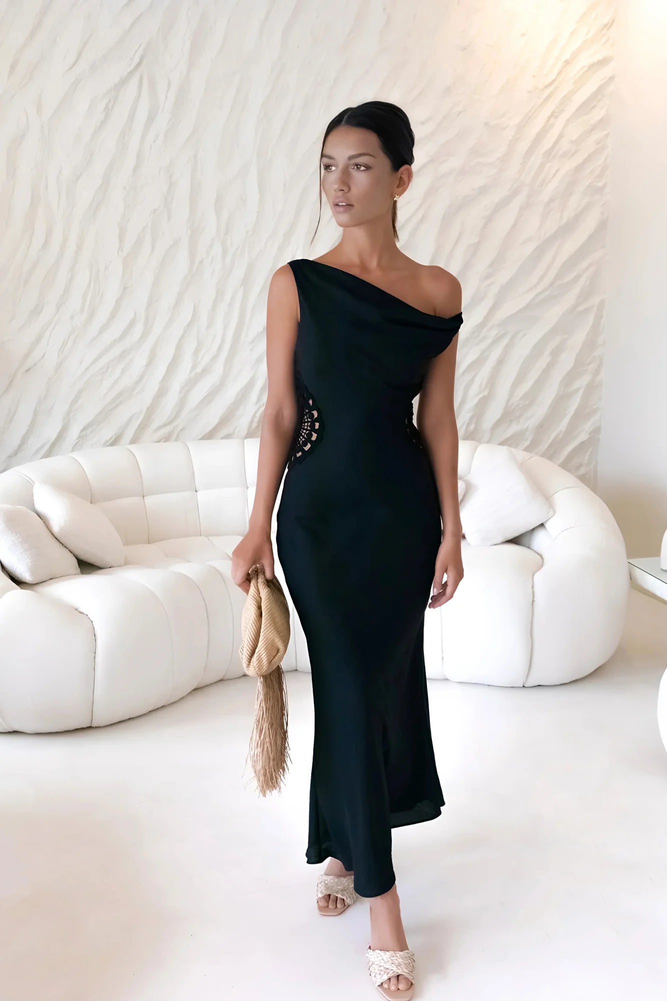 Black One-Shoulder Lace Cutout Ruched Waist Maxi Evening Dress