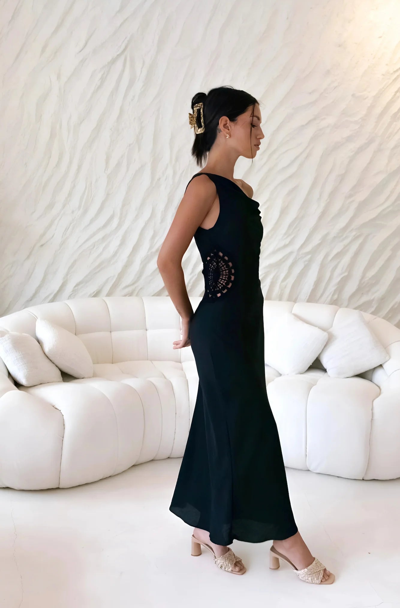 Black One-Shoulder Lace Cutout Ruched Waist Maxi Evening Dress