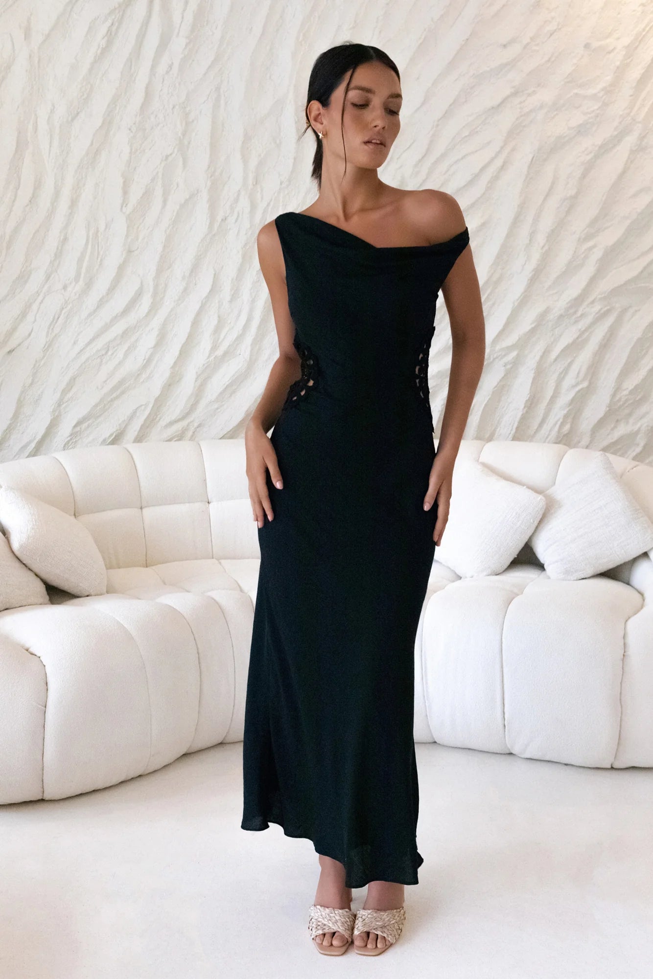 Black One-Shoulder Lace Cutout Ruched Waist Maxi Evening Dress