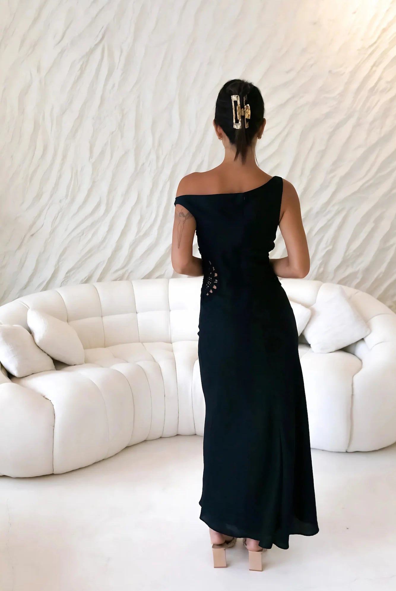 Black One-Shoulder Lace Cutout Ruched Waist Maxi Evening Dress