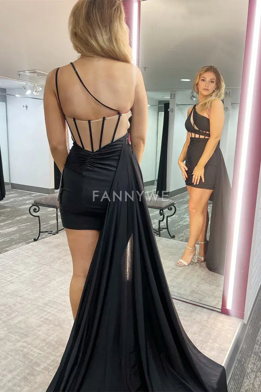 FannyWe Simple Black One-Shoulder Sheer Waist Short Dress with Attached Train formal wear dresses
