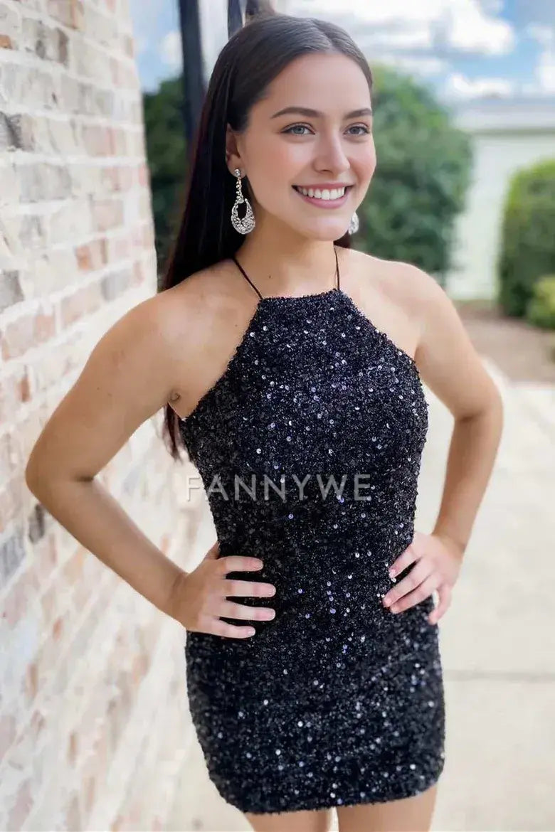 FannyWe Simple Black Sequin Halter Backless Short Homecoming Dress formal wear dresses