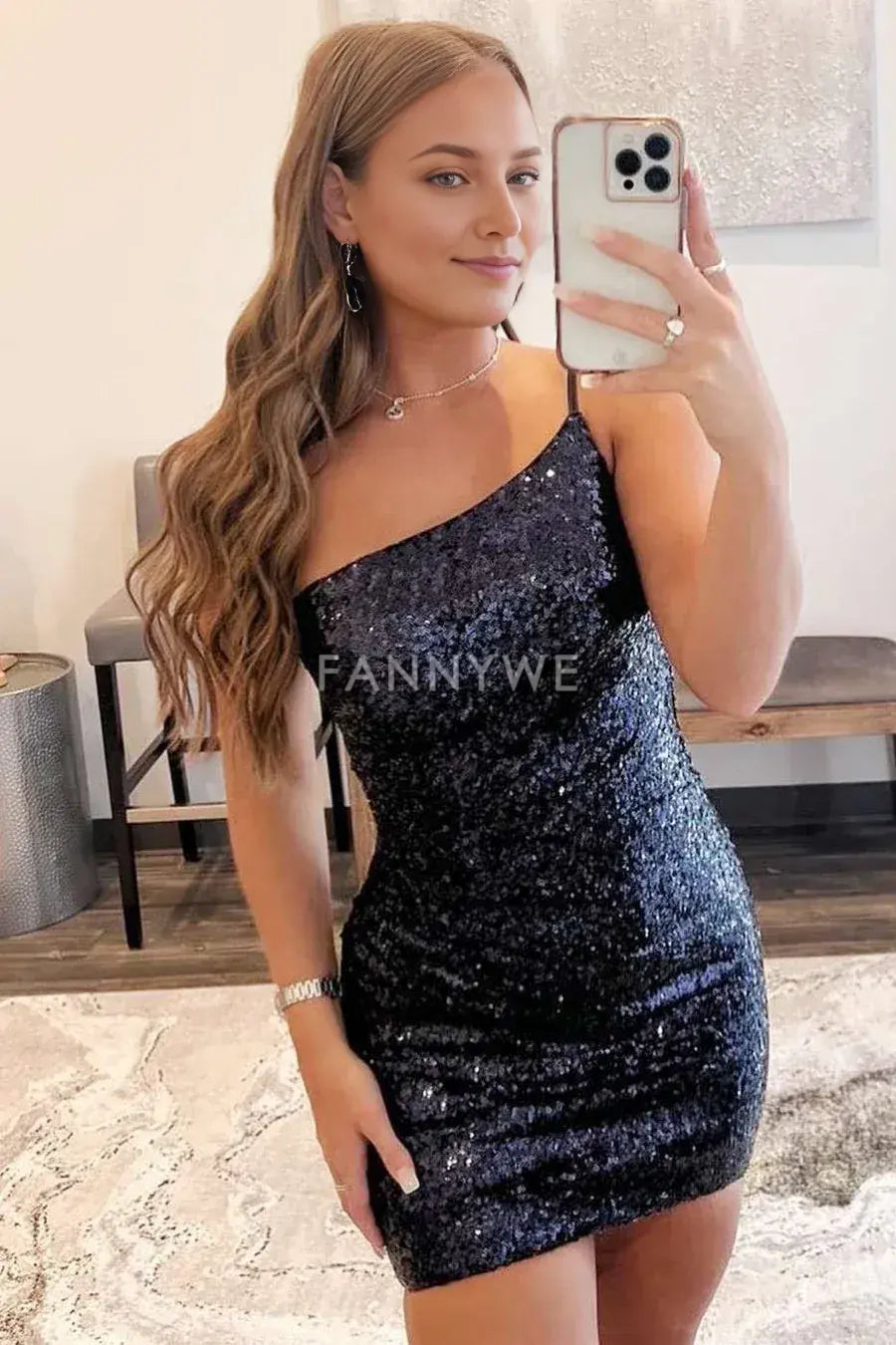 FannyWe Simple Black Sequin One-Shoulder Backless Tight Mini Dress formal wear dresses