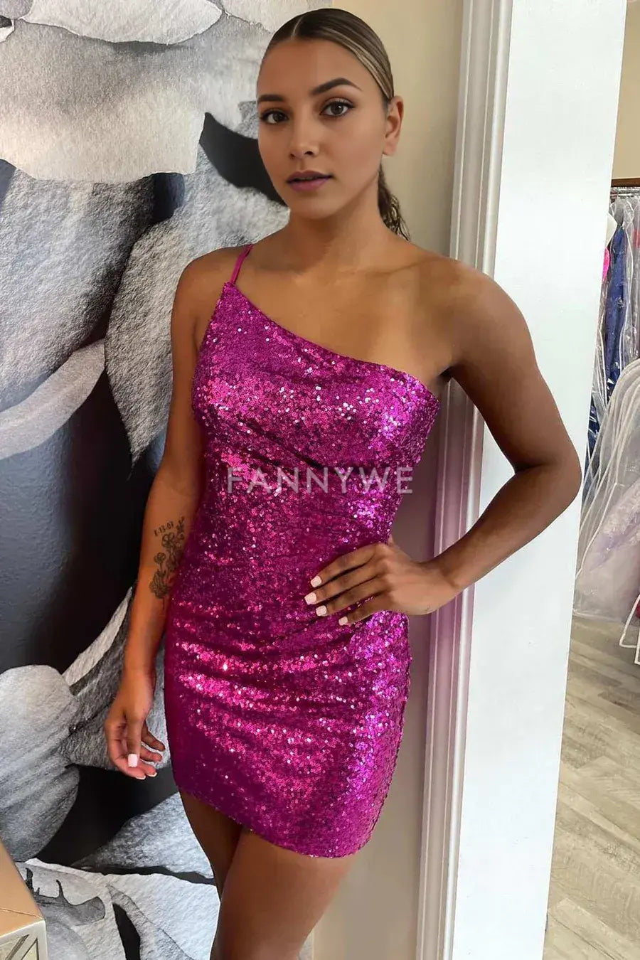 FannyWe Simple Purple Sequin One-Shoulder Backless Tight Mini Dress formal wear dresses