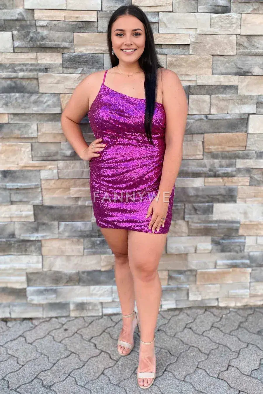 FannyWe Simple Purple Sequin One-Shoulder Backless Tight Mini Dress formal wear dresses
