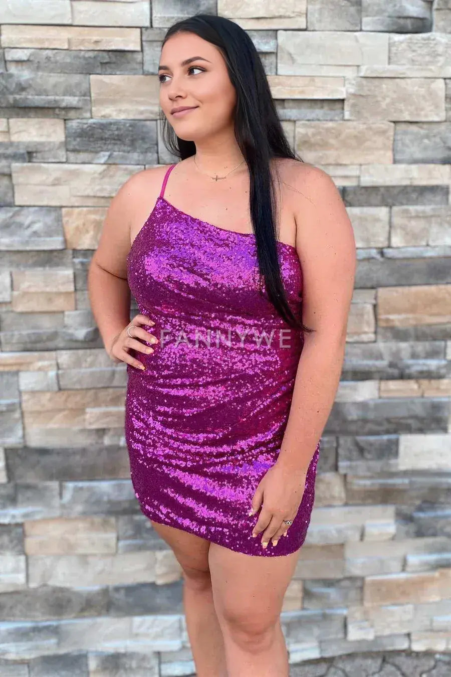 FannyWe Simple Purple Sequin One-Shoulder Backless Tight Mini Dress formal wear dresses