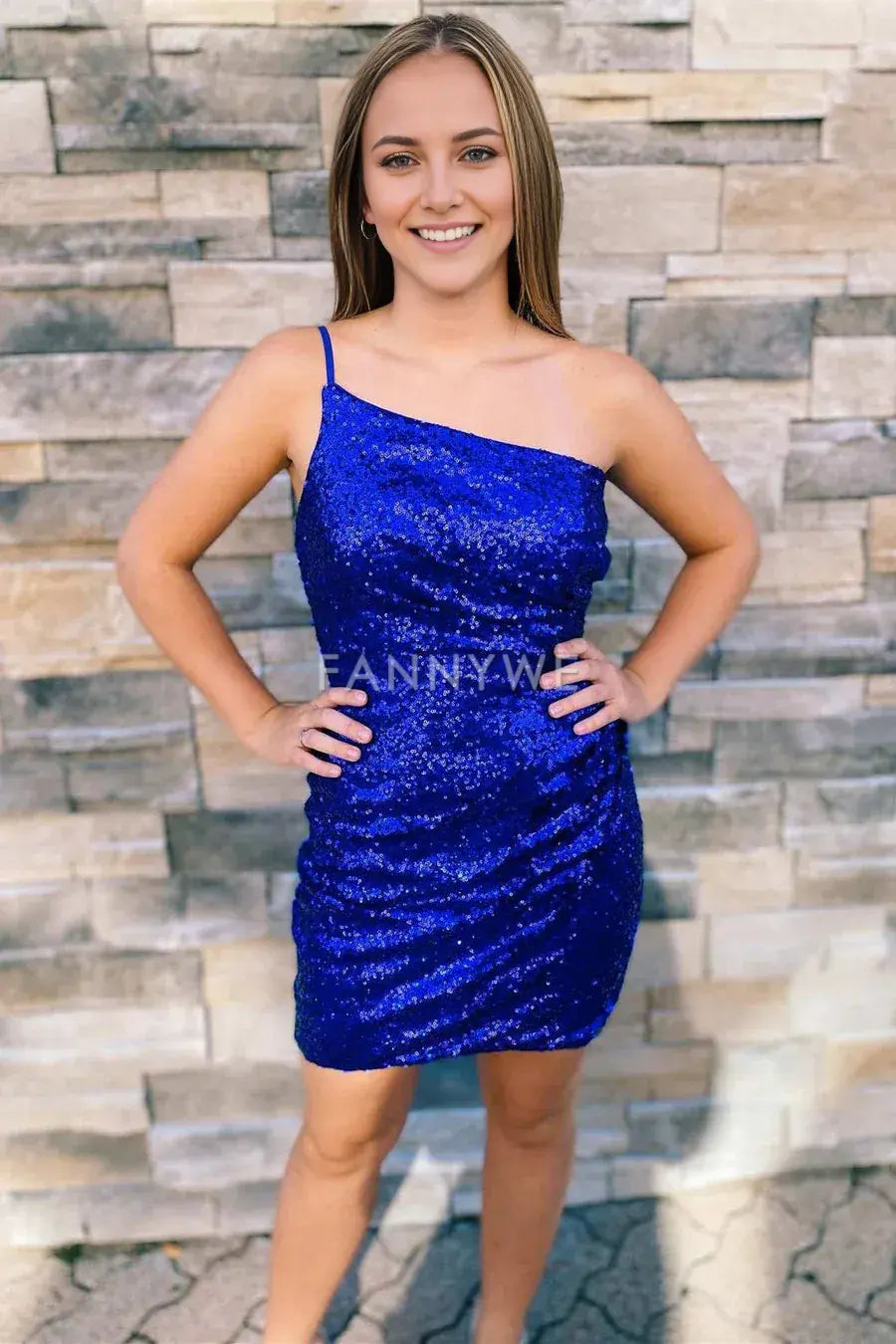 FannyWe Simple Royal Blue Sequin One-Shoulder Backless Tight Mini Dress formal wear dresses