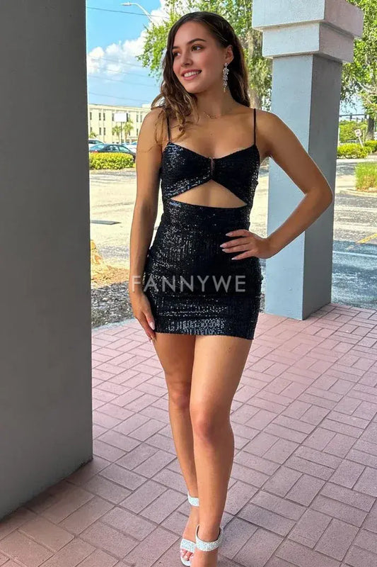 FannyWe Simple Black Sequin Spaghetti Strap Cutout Mini Party Dress formal wear dresses