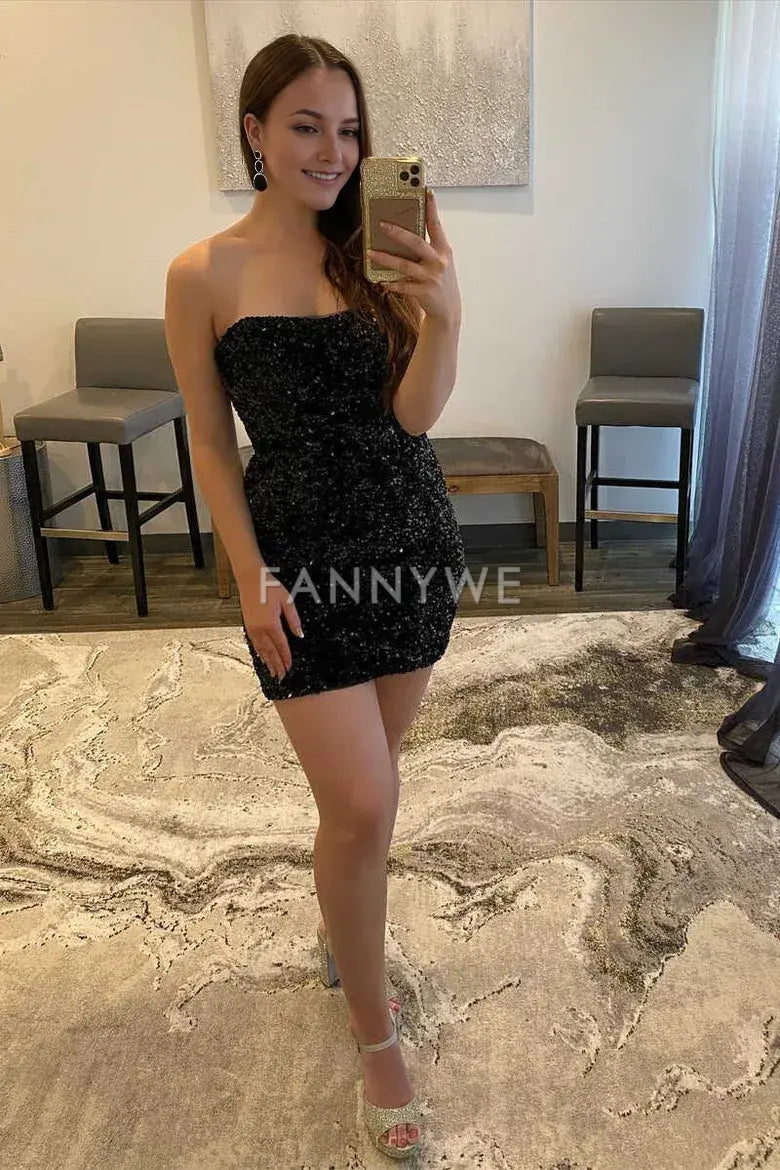 FannyWe Simple Black Sequined Strapless Mini Homecoming Dress formal wear dresses