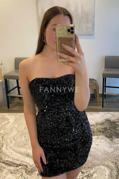 FannyWe Simple Black Sequined Strapless Mini Homecoming Dress formal wear dresses