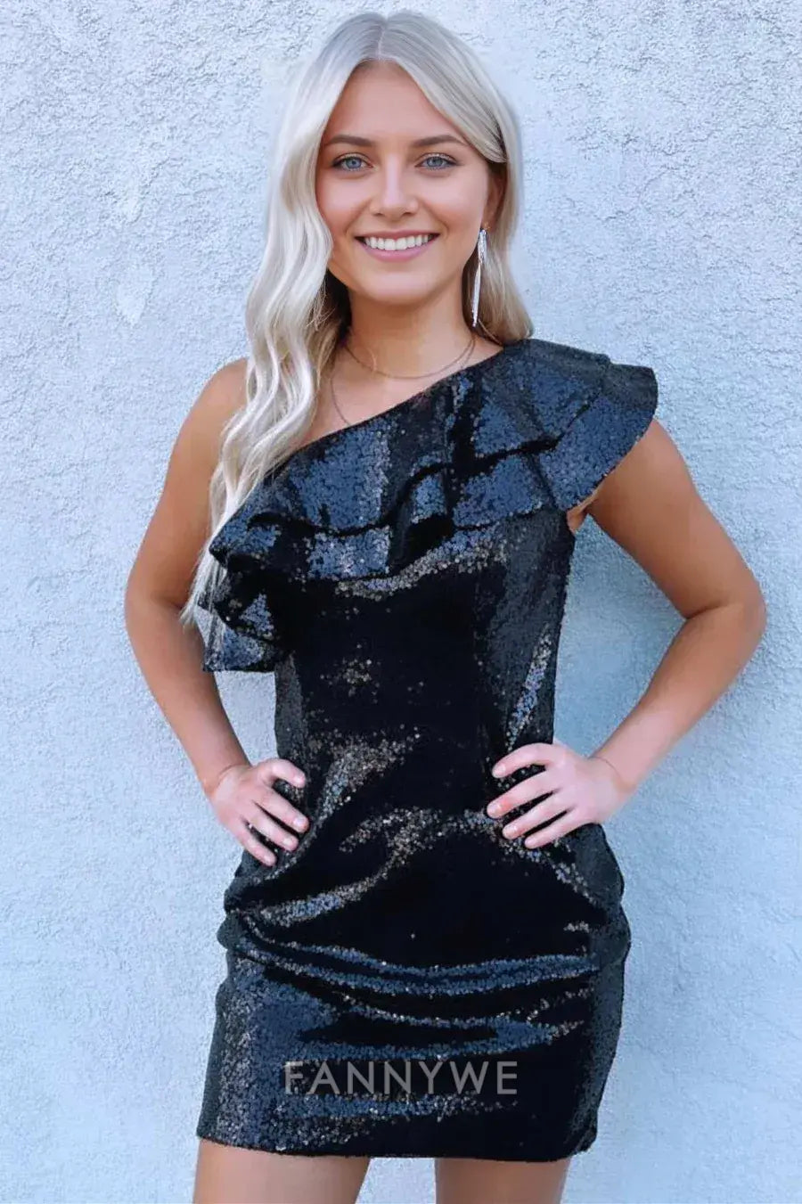 FannyWe Simple Black Sequins One-Shoulder Ruffles Short Party Dress formal wear dresses
