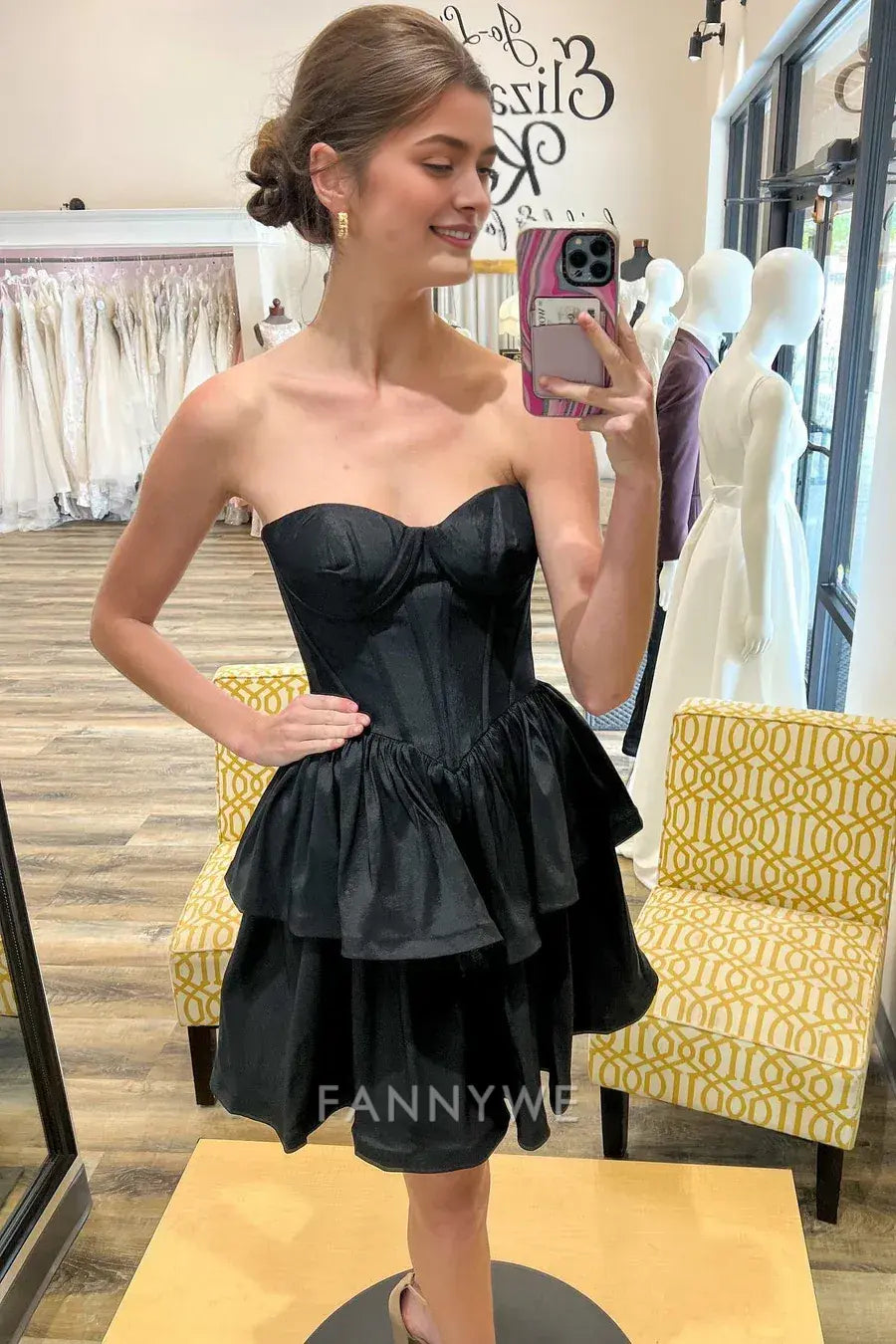 FannyWe Simple Black Sweetheart Multi-Layer A-Line Short Party Dress formal wear dresses
