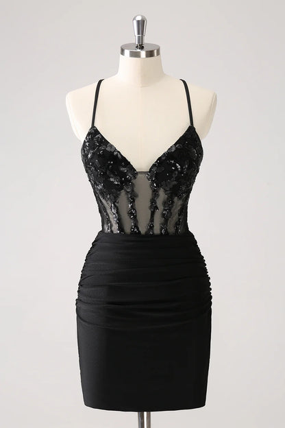 Sparkly Bodycon Spaghetti Corset Short Homecoming Dress with Lace Up Back