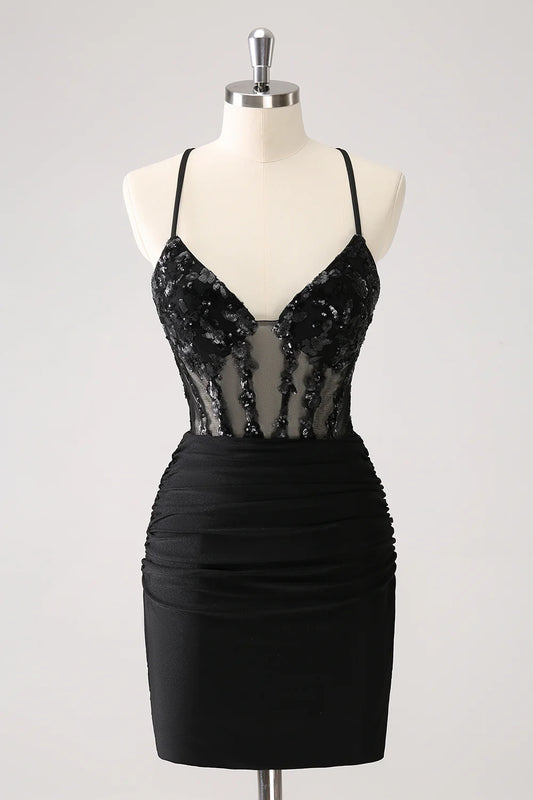 Sparkly Bodycon Spaghetti Corset Short Homecoming Dress with Lace Up Back