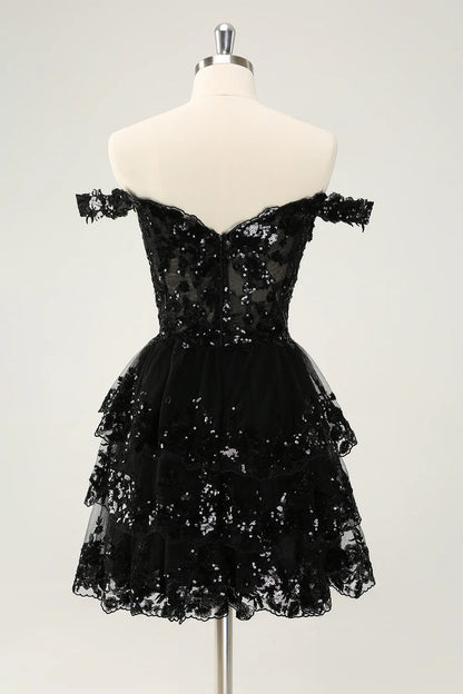 A Line Cute Sparkly Tiered Corset Lace Short Homecoming Dress