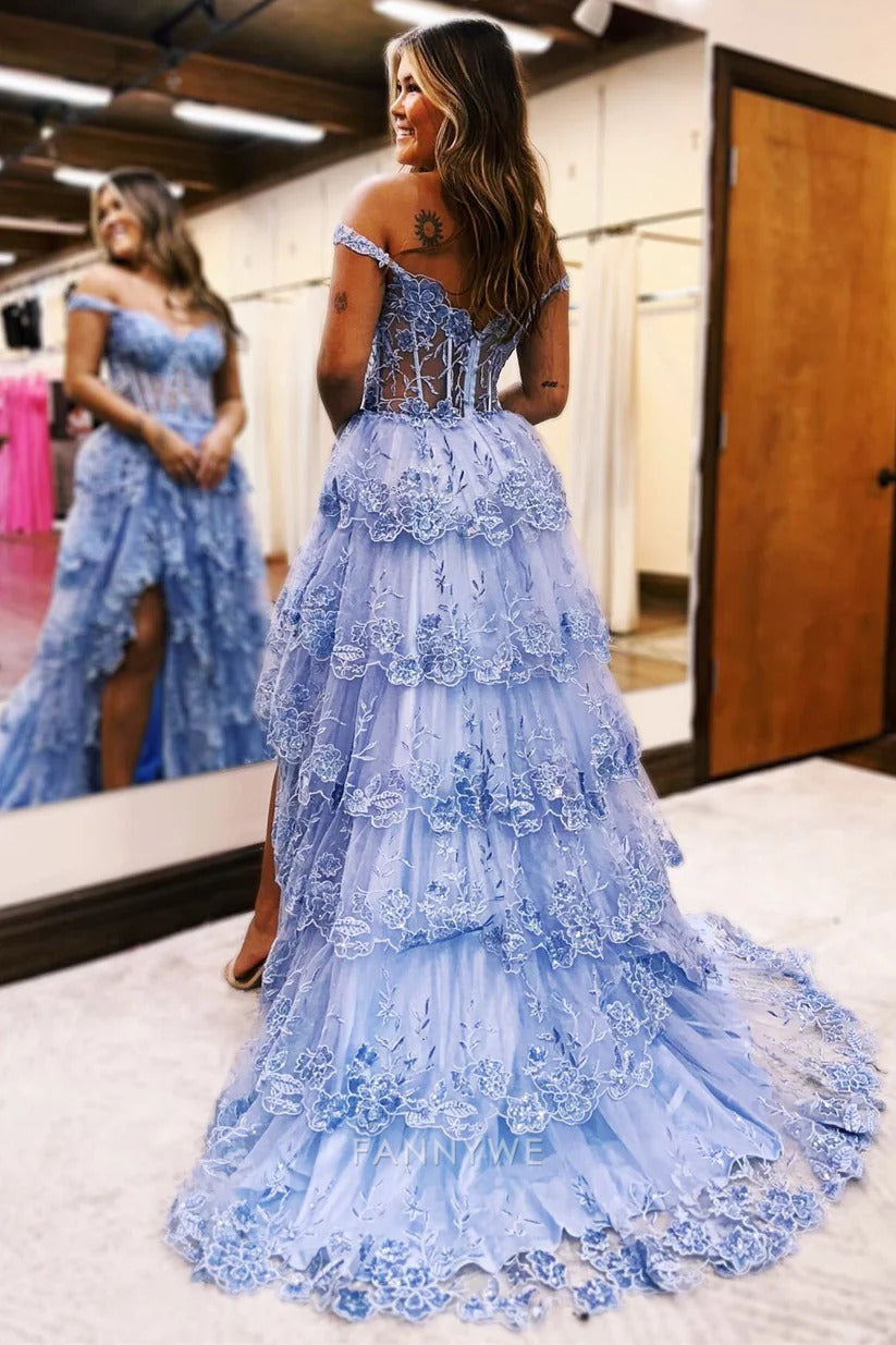 A Line Long Off the Shoulder Sweetheart Sleeveless Tiered Ruffles Tulle formal dresses Bridesmaid Dresses evening gown Prom Dress With Split