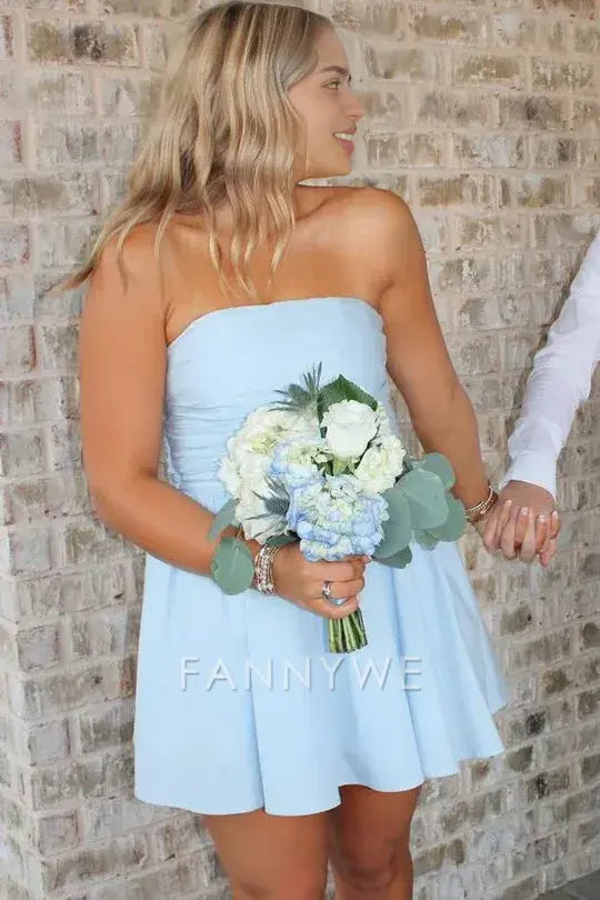 FannyWe Simple Blue A-Line Strapless Empire-Waist Sleeveless Short Homecoming Dress formal wear dresses