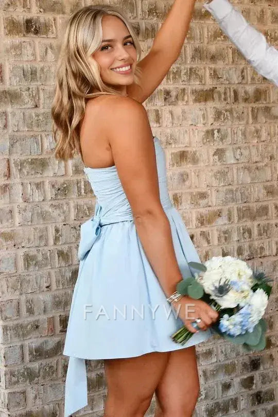 FannyWe Simple Blue A-Line Strapless Empire-Waist Sleeveless Short Homecoming Dress formal wear dresses