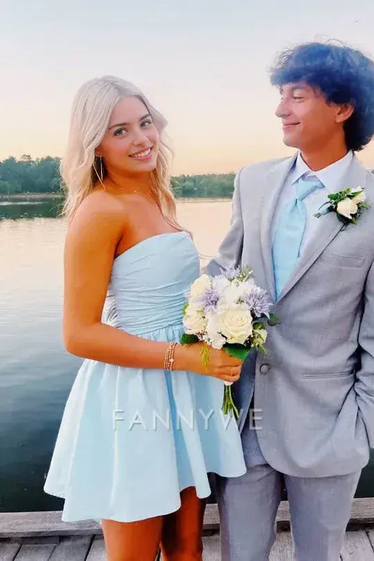 FannyWe Simple Blue A-Line Strapless Empire-Waist Sleeveless Short Homecoming Dress formal wear dresses