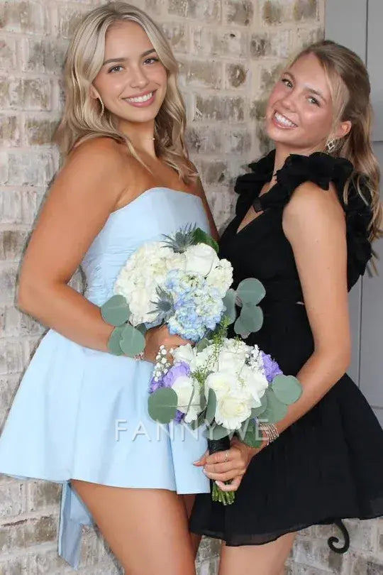 FannyWe Simple Blue A-Line Strapless Empire-Waist Sleeveless Short Homecoming Dress formal wear dresses