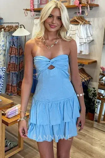 FannyWe Simple Blue A-Line Strapless Layered Satin Short Homecoming Dress formal wear dresses