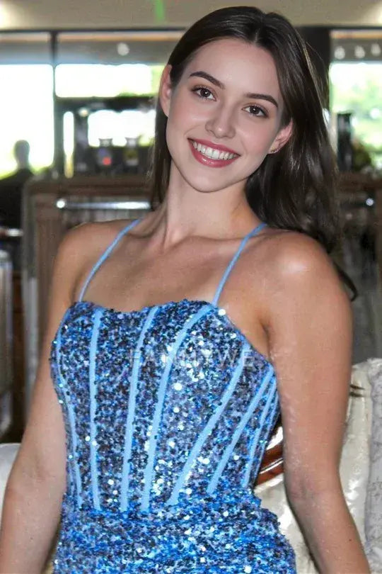 FannyWe Simple Blue Sequin Lace-Up Short Homecoming Dress with Slit formal wear dresses