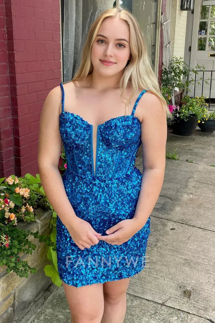 FannyWe Simple Blue Sequin Scoop Neck Lace-Up Short Homecoming Dress formal wear dresses