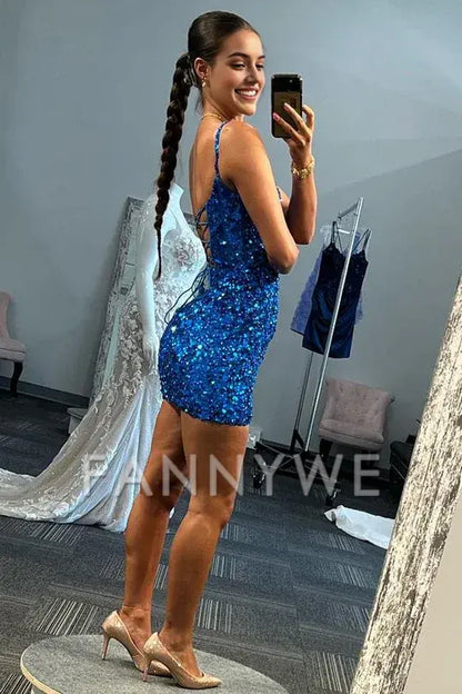 FannyWe Simple Blue Sequin Scoop Neck Lace-Up Short Homecoming Dress formal wear dresses