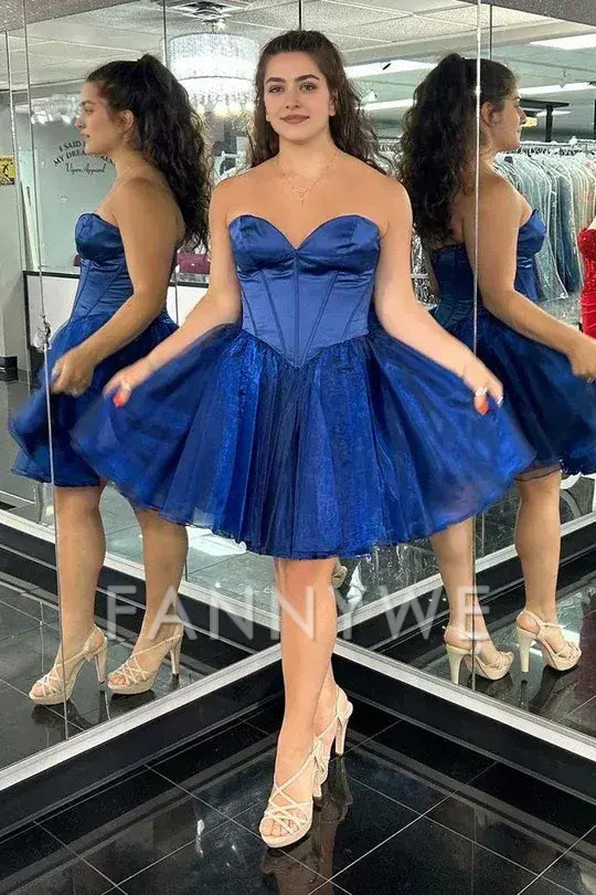 FannyWe Simple Blue Strapless A-Line Short Homecoming Dress formal wear dresses